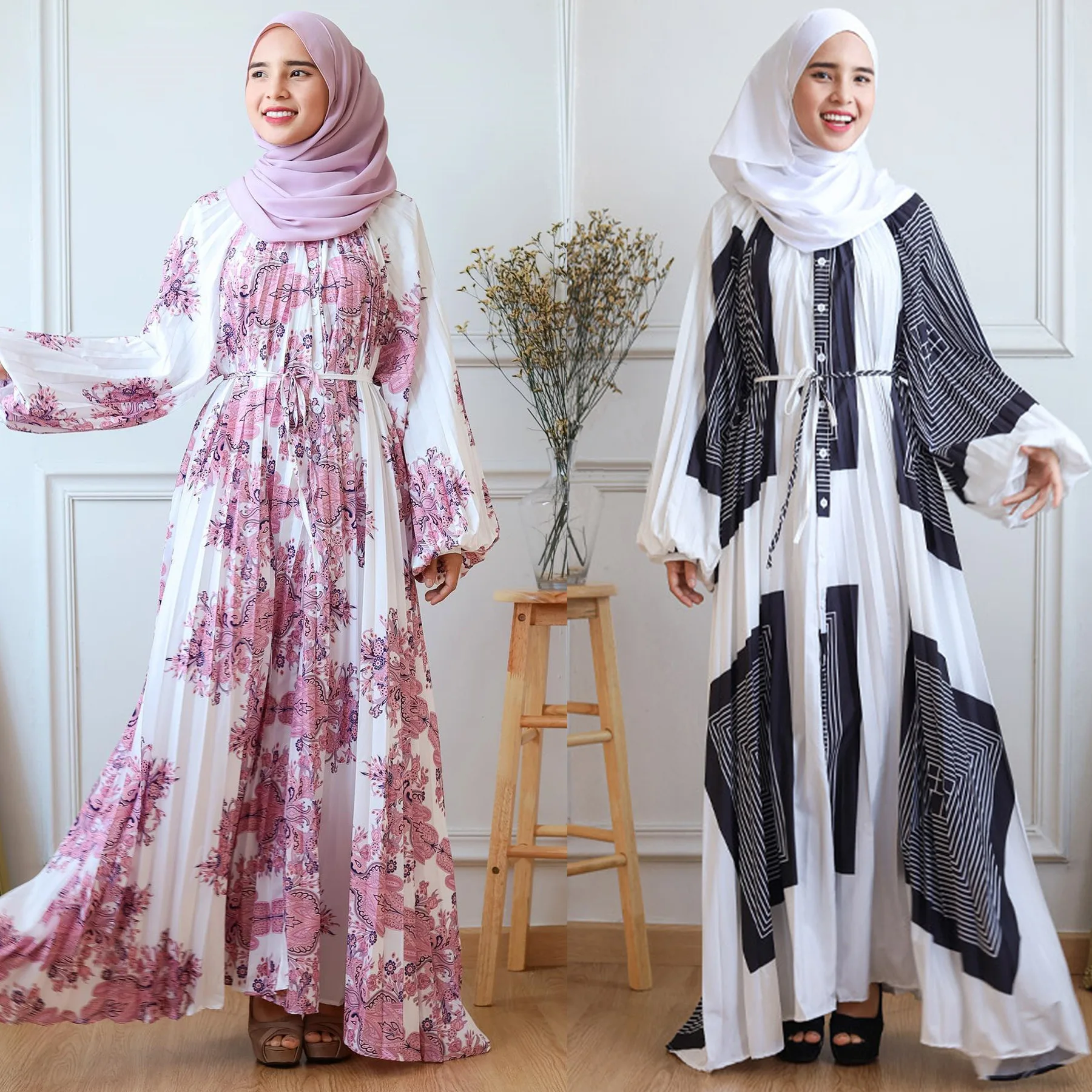 

M201# New Printed Long Dress Printed Pleated Lantern Sleeves Loose Casual Robe Dress Abaya Ramadan Dubai Luxury Islam Elegant