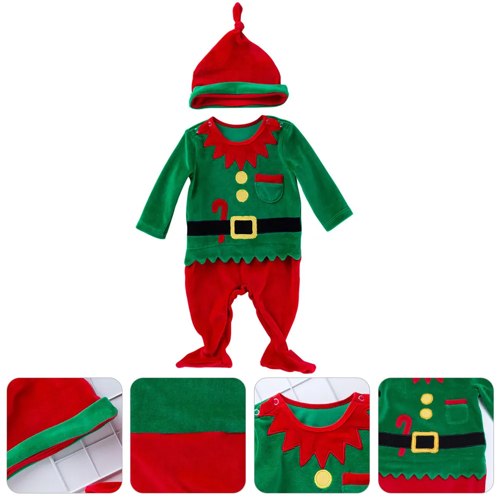 1Set Santa Claus Jumpsuit Christmas Clothes Baby Xmas Costume Classic Red Green Holiday Outfit Round Collar Easy Wear