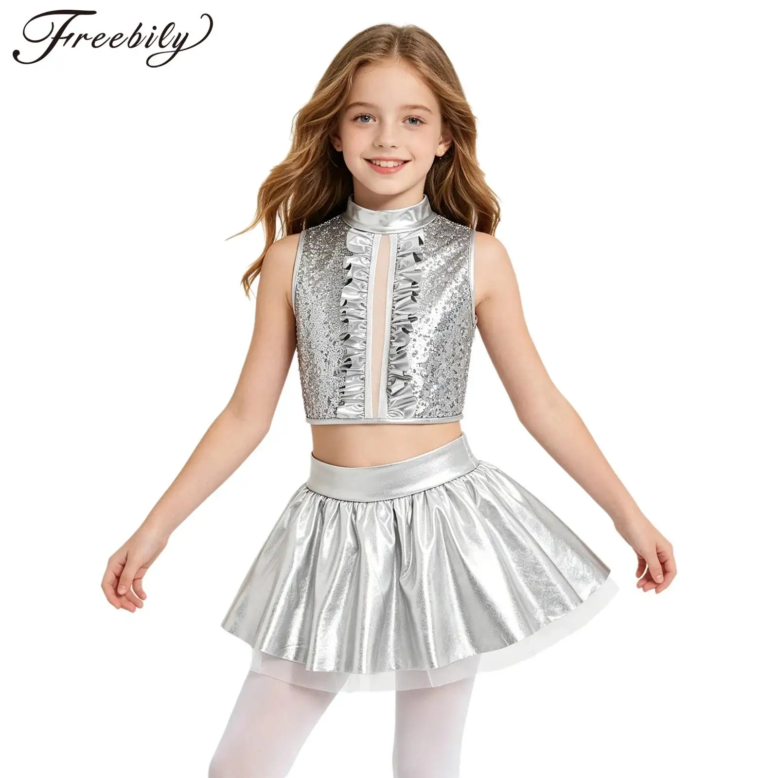 Teen Girls Jazz Hip Hop Dance Cheerleading Performance Costume Sleeveless Sparkling Sequins Metallic Crop Top with Tutu Skirt