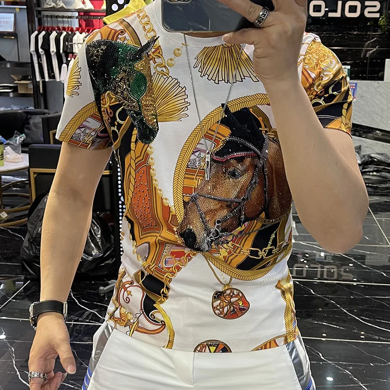 Korean Black Gold Slim Fit Hot Drilling Printing Luxury Animal Tide Brand Rhinestones Short Sleeve T-shirt Men 2022 Summer Top