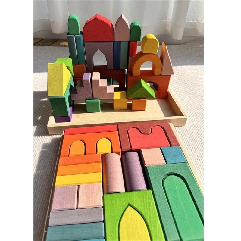 Big size Wooden  Blocks Lime Rainbow  Building Stacking Castel Step Shape Cubes Corner Stones for Kids Creative Play