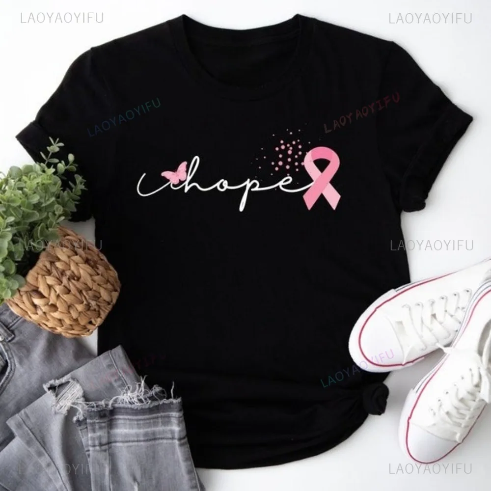 Hope Ribbon Cancer Awareness T Shirt Breast Cancer Warrior Women Tee Casual Loose Soft Member of Family T-shirt Comfort Tees