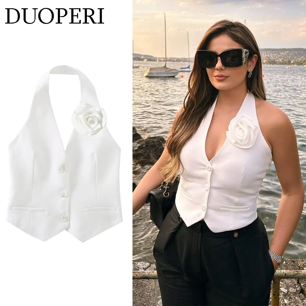 

Женский модный однотонный белый жилет DUOPERI с аппликацией и открытой спиной, с лямкой на шее, без рукавов, Женский шикарный Повседневный Топ, жилет