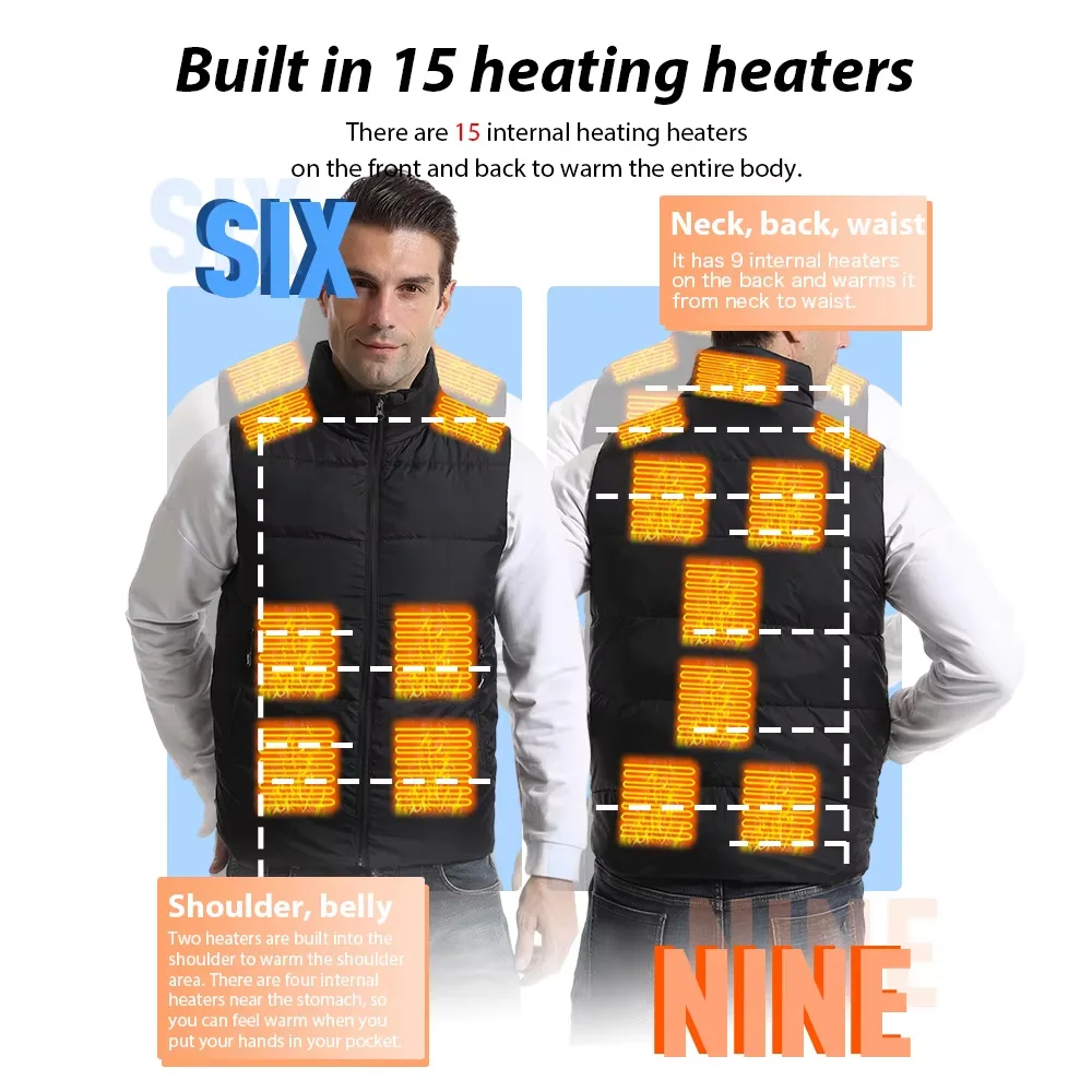 Winter Men Heated Vest USB Electric Self Heating Clothes 15 Areas Couple Style Down Vest Outdoor Warm Lightweight Heated Jacket