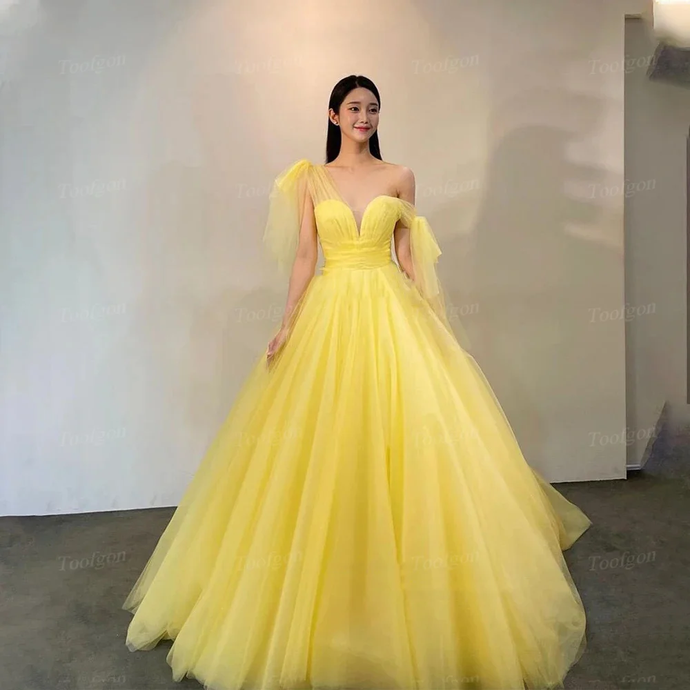 Toofgon Yellow A Line Tulle Korea Lady Women Prom Dresses Corset Back Customized Wedding Photo Shoot Dress Formal Evening Gowns