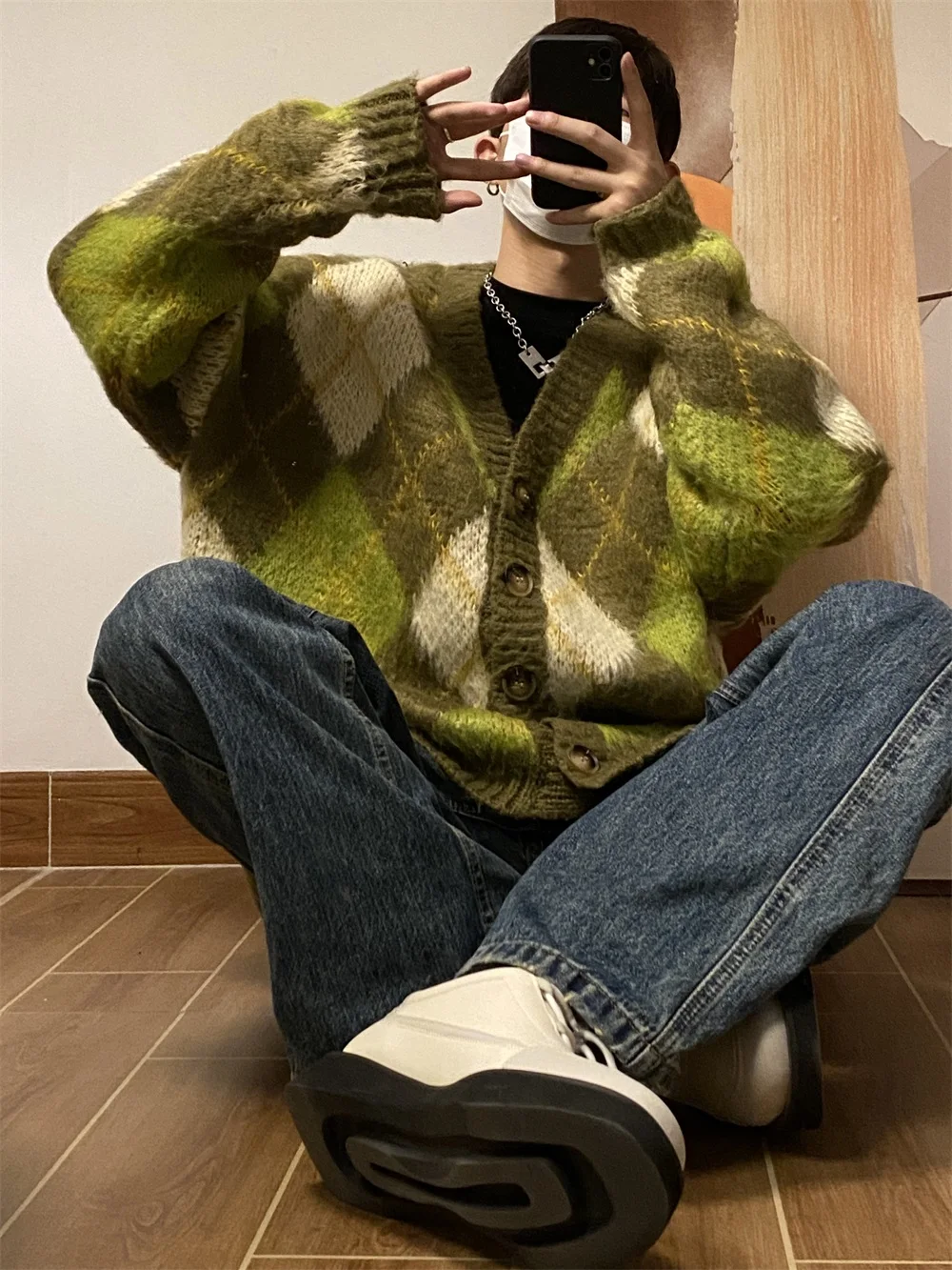 

Retro Diamond id Knitted Sweater Men's Casual Loose Lazy Sle Open Cardigan Coat Thiened Long Sve V-Ne Winter Faion