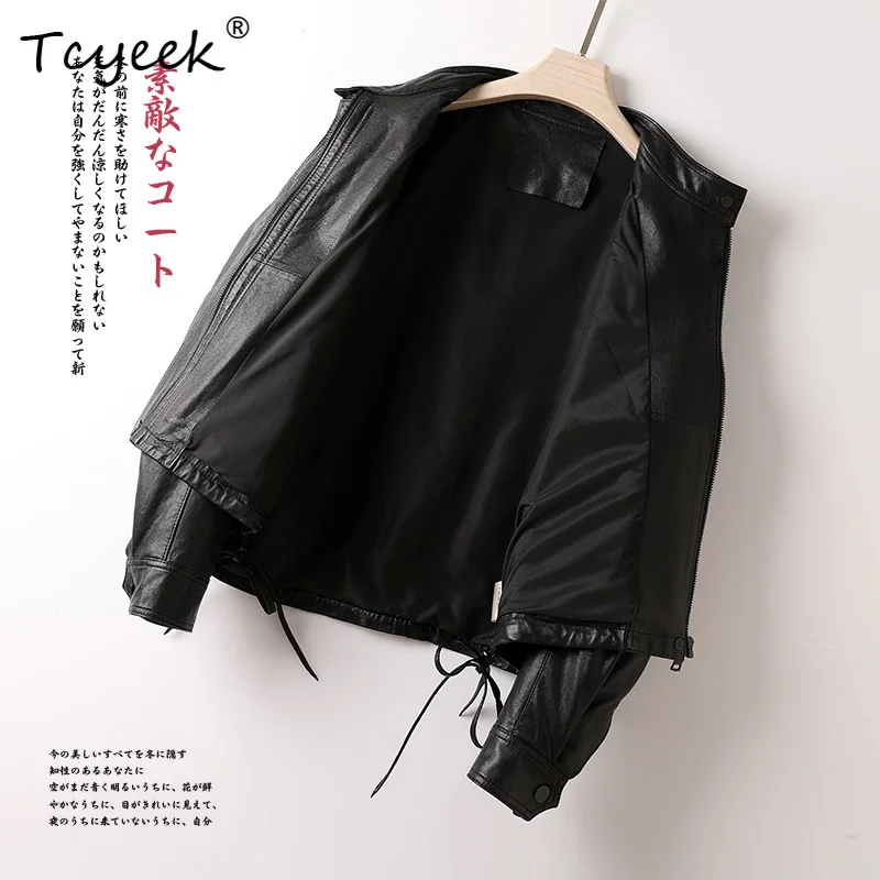 Tcyeek camada superior de pele de carneiro primavera outono high end manga morcego gola jaqueta de couro genuíno das mulheres Ж Dönishiжаglas Куртка
