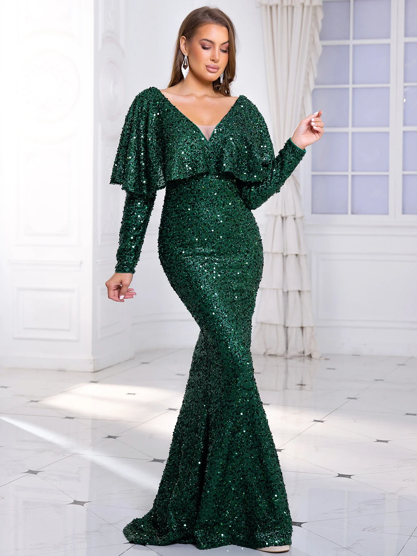 Long Batwing Sleeve Stretch Sequined Prom Dress V Neck Backless Floor Length Evening Night Party Gown Blue Green