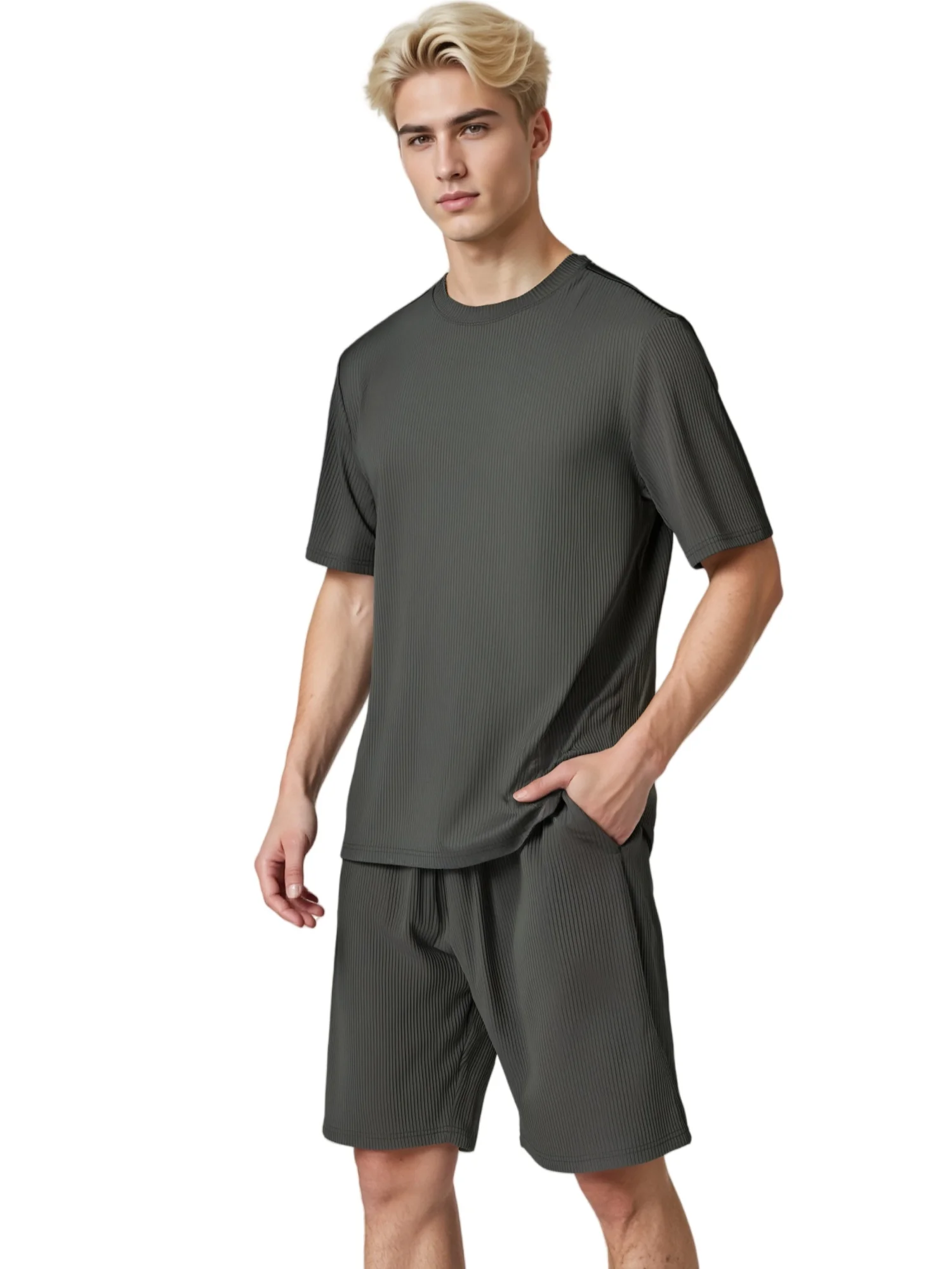 

Mens Summer Pajama Set Ribbed Knit Lounge Short Set 2-Piece Breathable Soft Sleepwear Set