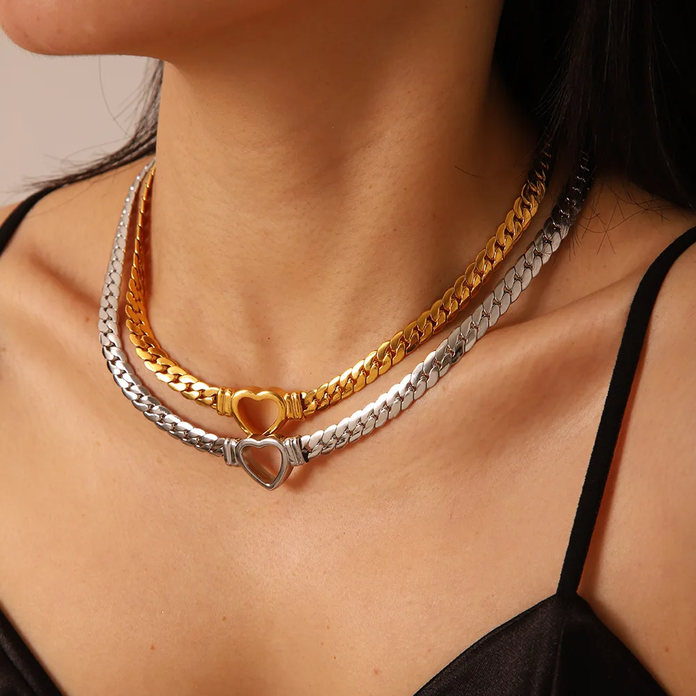 Peri'sbox Stainless Steel Solid Gold Pvd Plated Chunky Thick Chain Hollow Heart Choker Necklace for Women Street Fashion Jewelry view 2