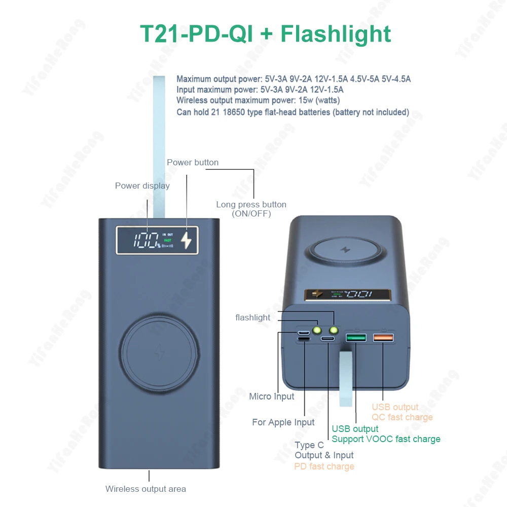 صندوق بطارية شاحن لاسلكي سريع للهاتف ، دعم بنك الطاقة ، سريع 3.0 PD ، 21x18650 Case ، T21