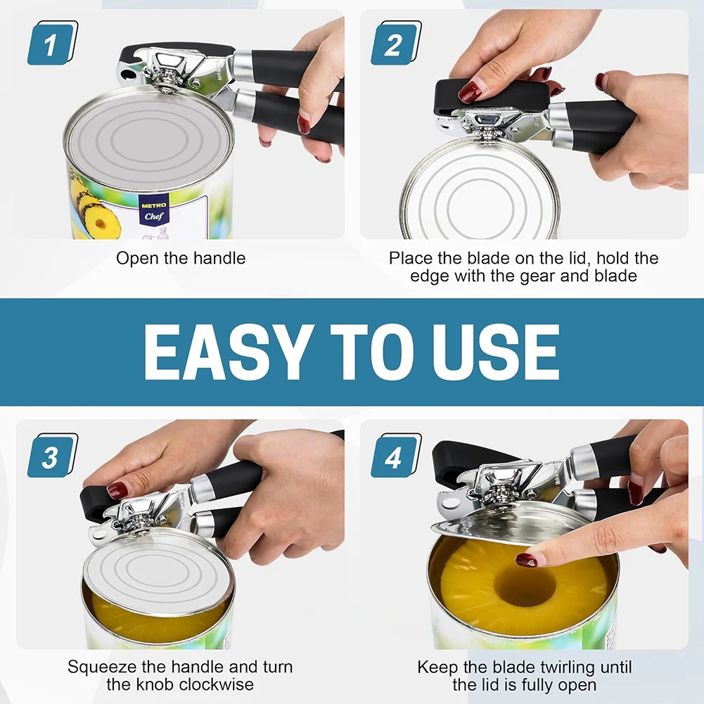 Heavy Duty Manual Can Opener with Smooth Edge Safety Design - Ergonomic Soft Handle, Built-in Bottle Opener, Rust-Resistant