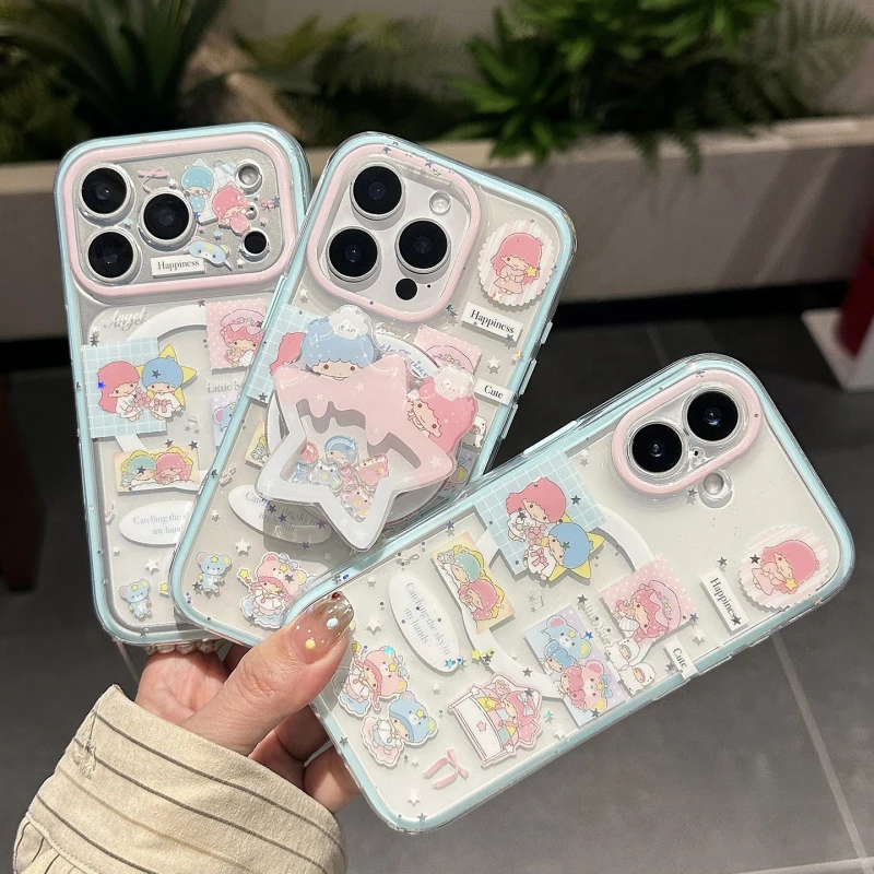 for iphone 17 Pro Max 16 15 14 13 Little Twin Stars Magnetic Holder Phone Case Cartoon Silicone Anti-Drop Shell with Lanyard