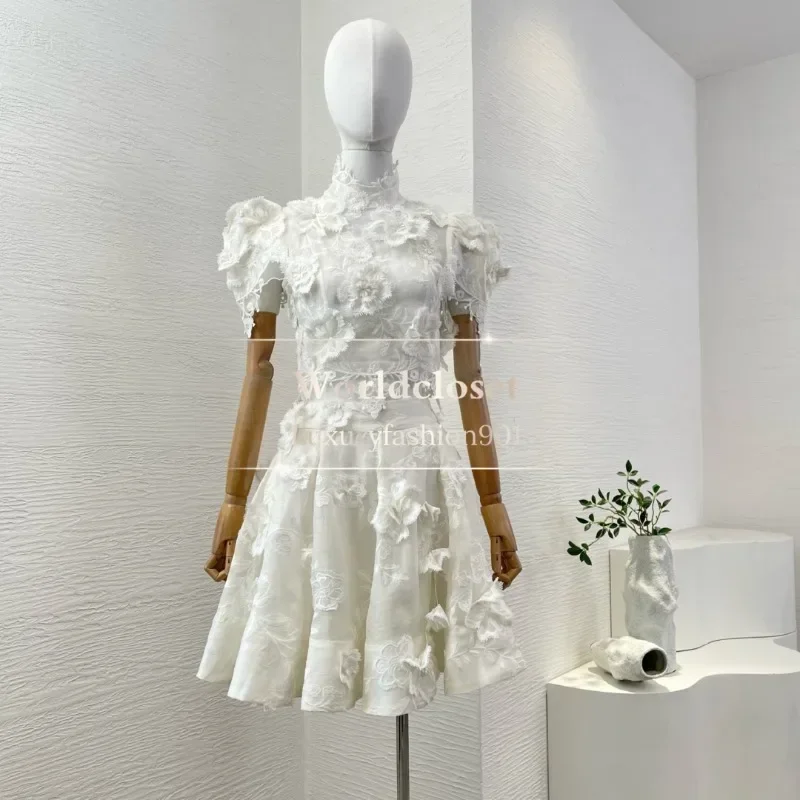 

Белая кружевная лоскутная блузка с короткими рукавами, топы и плиссированная юбка со складками и рюшами, комплект 2025