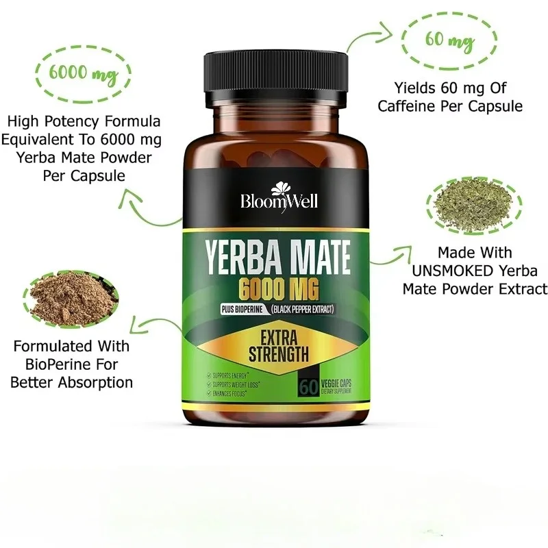6000mg Extra Strength Yerba Mate High Potency, 60mg Caffeine, Used To Clean Natural Energy and Improve Attention
