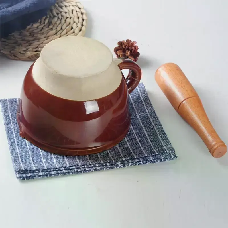 Mortar And Pestle Set With Natural Wood Pestle Non Slip Base Perfect For Kitchen Grinding Spices Herbs Garlic Ceramic