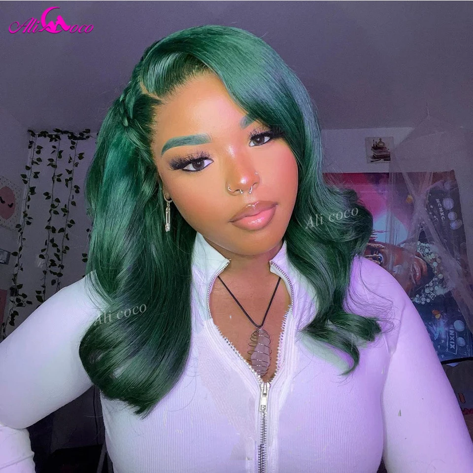 Perruque Bob Lace Front Wig Body Wave naturelle malaisienne, cheveux humains, 13x4, avec baby hair, verte, pour femmes