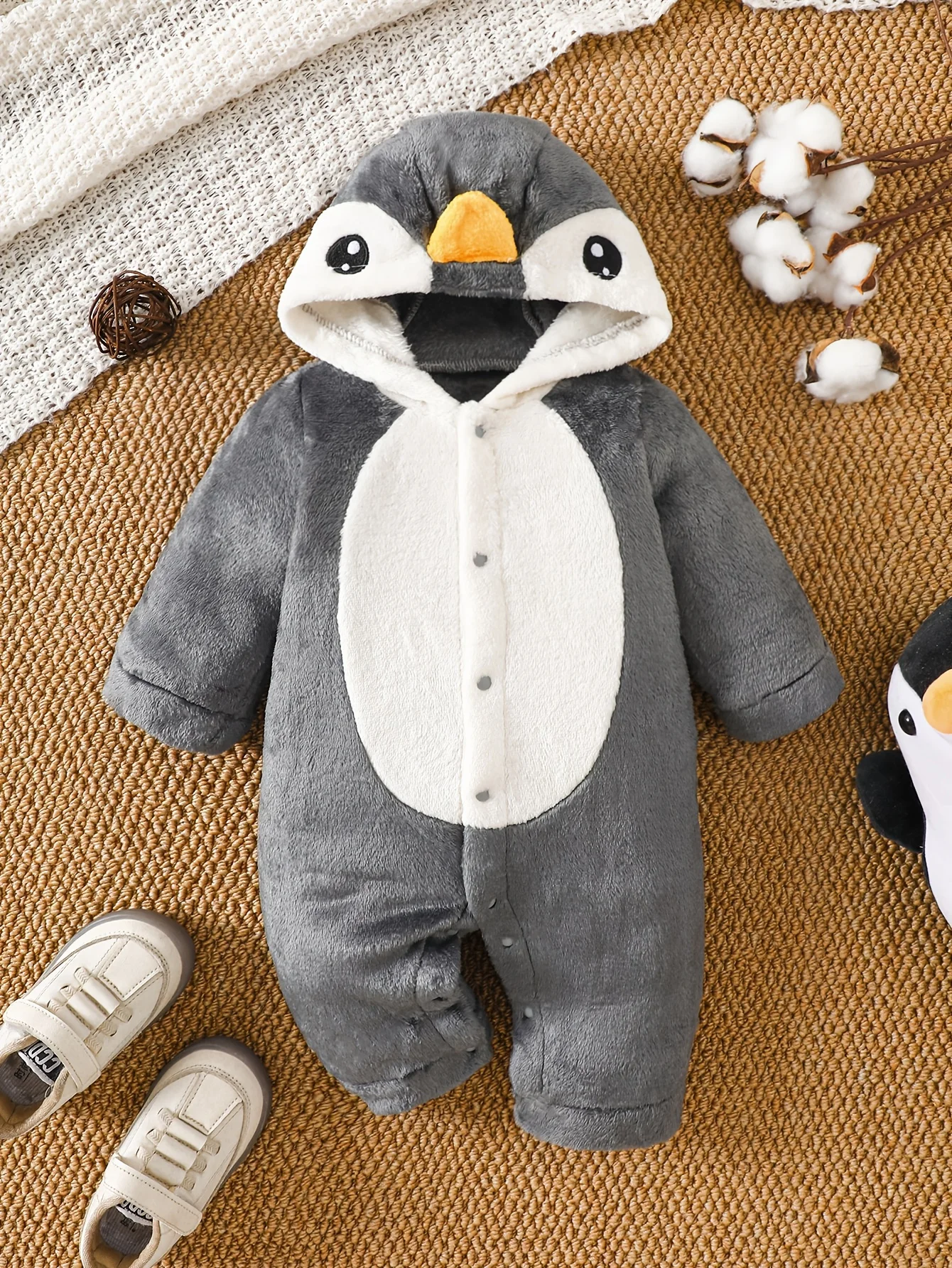 IURNXB Baby Penguin Plush Snowsuit Newborn Long Sleeve Cartoon Footed Romper Outfit Infant Onesie Homewear Costume 1-18M
