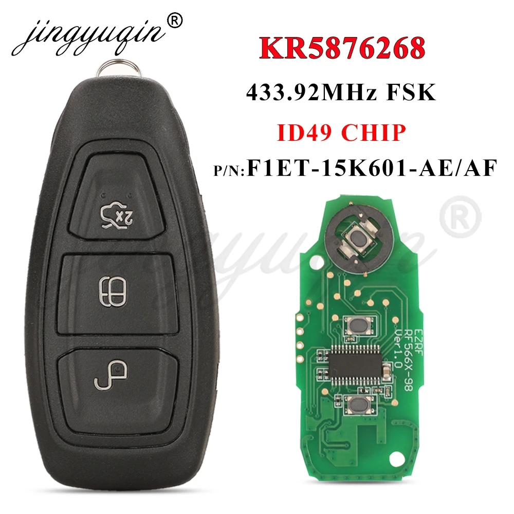 jingyuqin KR 5876268   Inteligentny zdalny kluczyk samochodowy do Ford Kuga Fiesta Focus Grand C-Max 2011+ 433Mhz ID49 Keyless Go F1ET 15K601 AE/AF