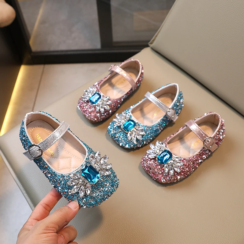 

2025 Little Girl Leather Shoes Spring Autumn Luxury Rhinestone Childrens Flats Fashion Sequins Kids Causal Princess Ballet Shoes