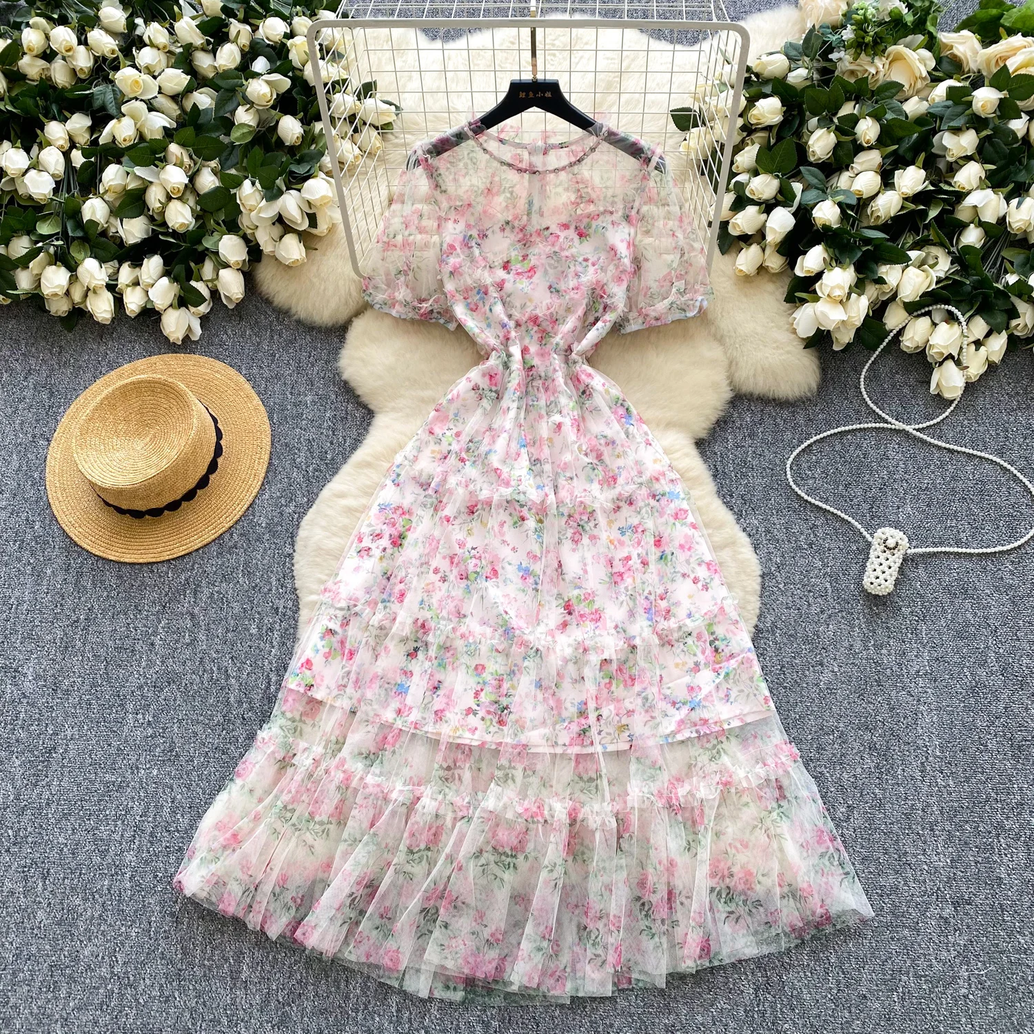 

Sexy short sleeve sweet rhinestone O-Neck print Dress Chic Vintage Evening Party Club Women Chic Summer Beach Dresses