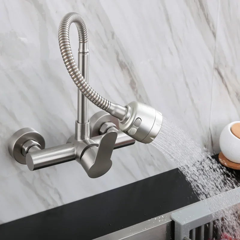 

Wall Mounted Kitchen Sink Faucet Freely-Rotating Hose Multi-Mode Spout Cold and Hot Mixer Water Saving Washbasin Gourmet Faucet