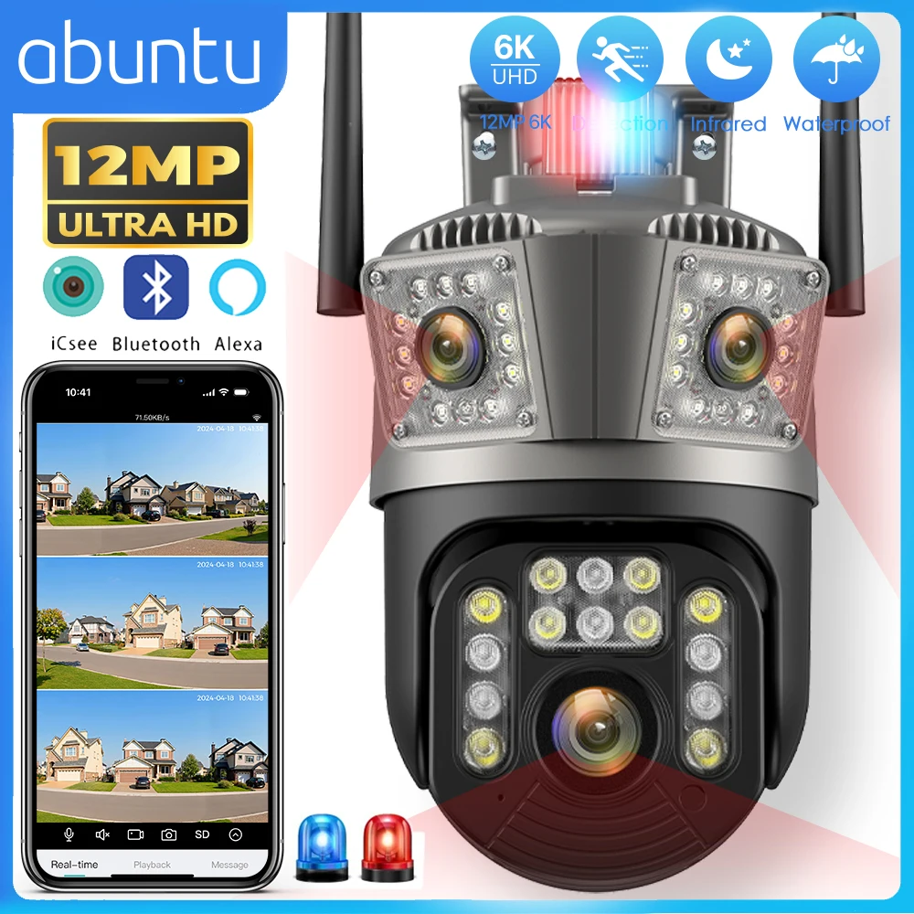 12MP 6K Three Lens Wifi Surveillance Camera Three Screens PTZ IP Camera With Police Light Alarm Night Vision ICSEE Security CAM