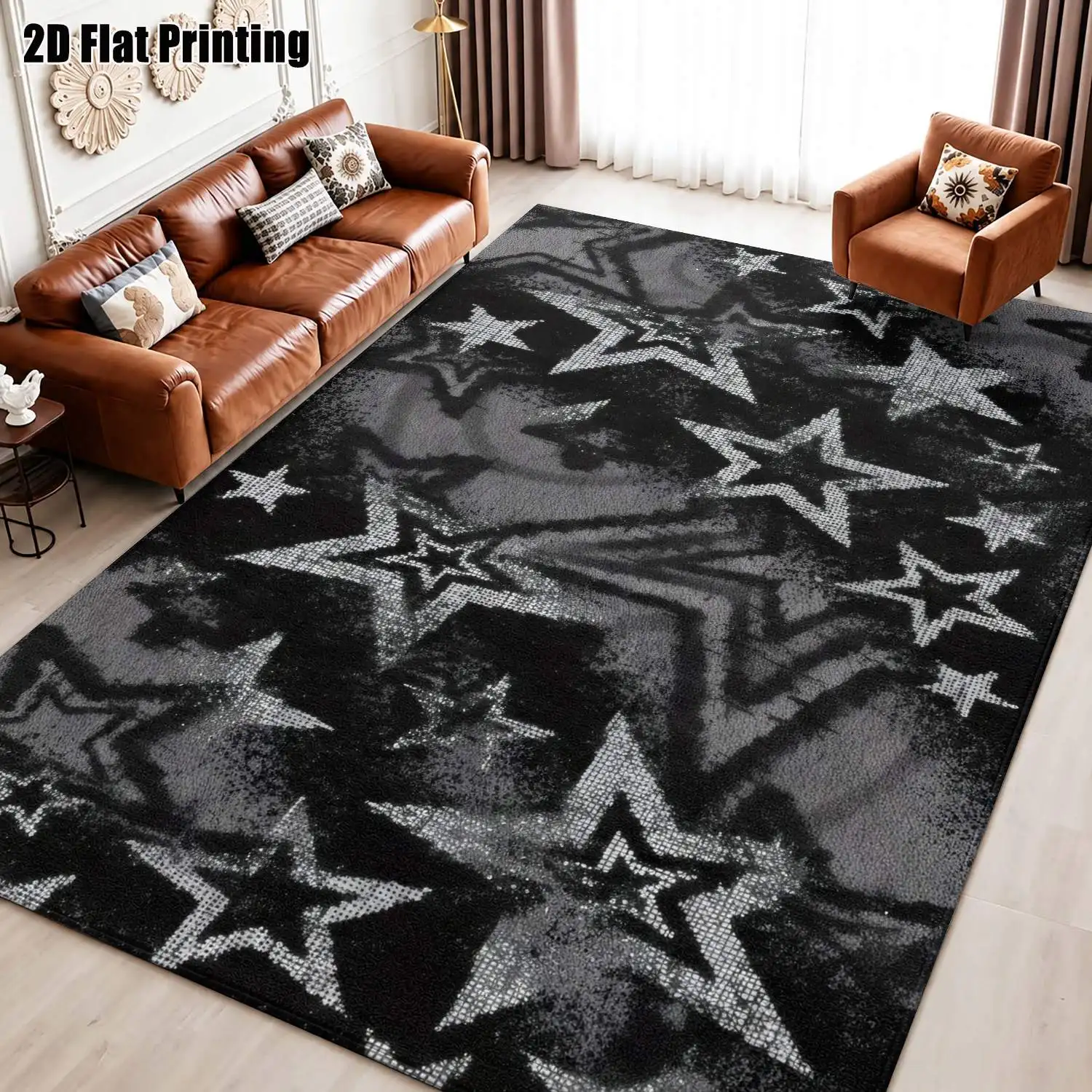 1Pc 2D Printed Black&Gray Star Pattern Nordic-Style Carpet, Instagram-Inspired Modern Minimalist Geometric Floor Mat, Machine Washable, Multi-Size, Ideal for Home Decor in Entryway, Dining Room, Foyer, Bedroom, Living Room