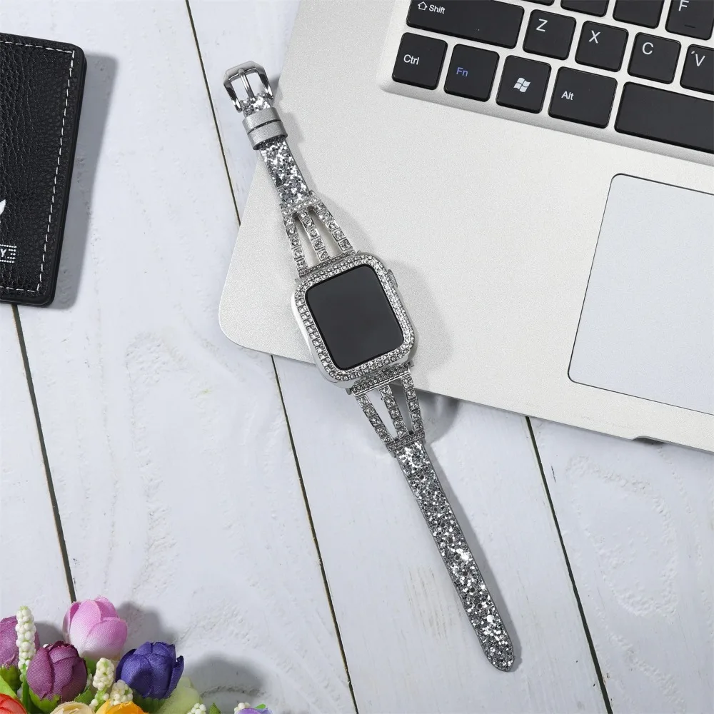 Diamond Case + Leather Strap for Apple Watch 45mm 41mm 44mm 40mm 42mm 38mm Ultra 49mm Women Metal Bracelet iWatch 8 7 6 5 4 3 SE