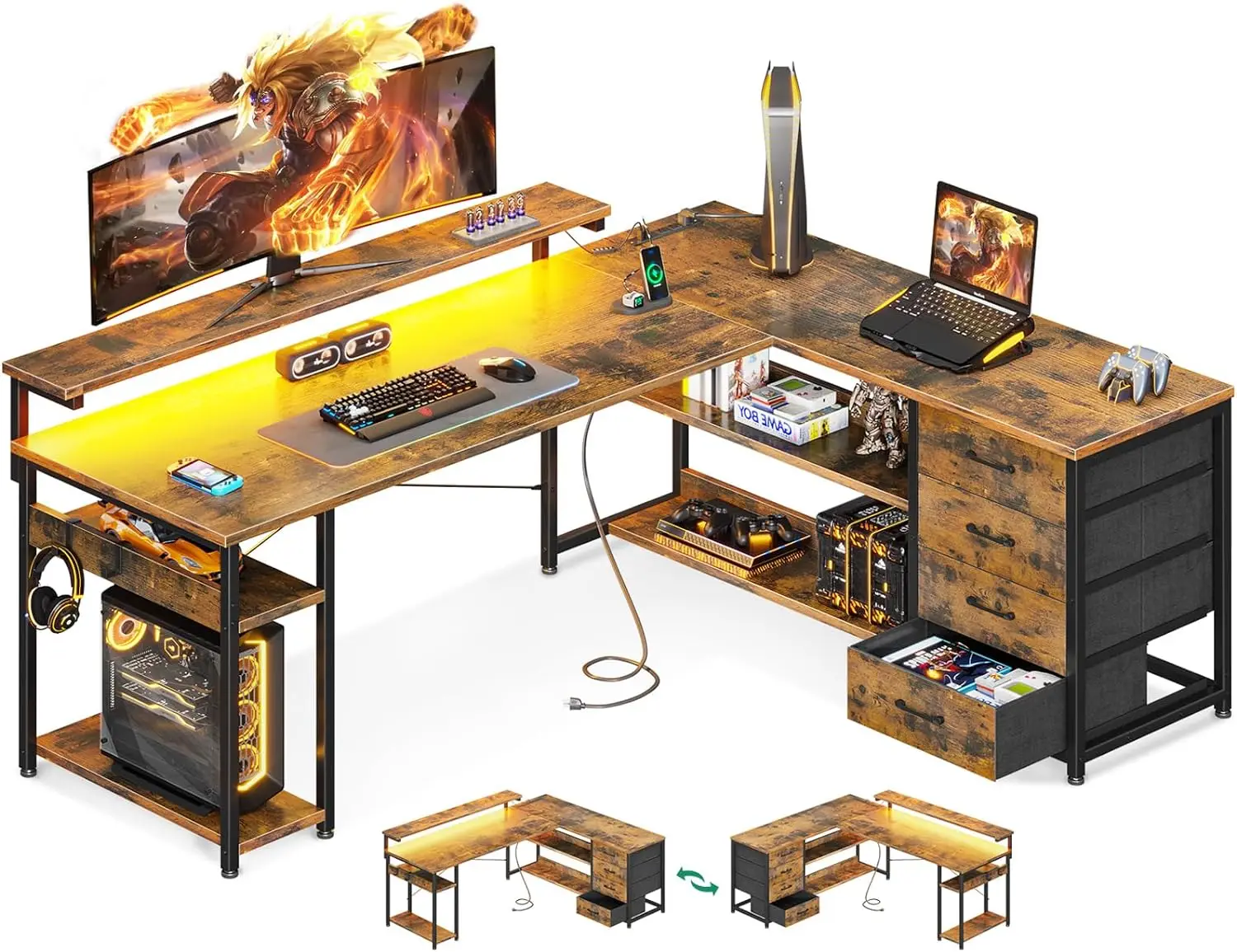 61 "l-förmiger Schreibtisch mit Schublade, Computer tisch mit Steckdosen und LED-Leuchten, reversibler Eck-Gaming-Schreibtisch für die Arbeit im Home Office