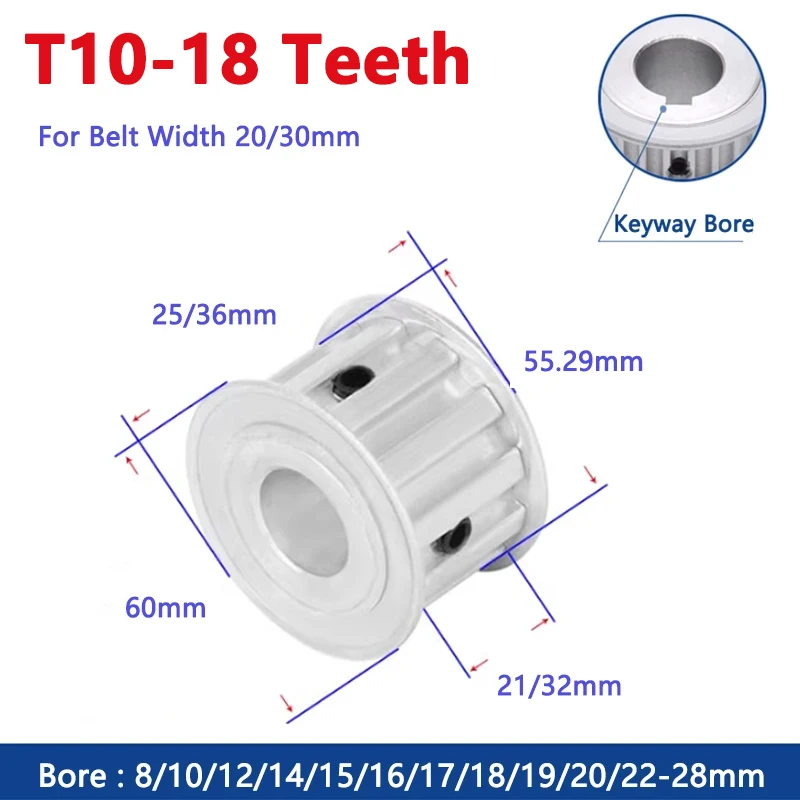 

1pc 18 Teeth T10 Timing Pulley 18T Aluminium Synchronous Wheel for Belt Width 20/30mm Bore 8 10 12 14 15 16 17 18 19 20 22-28mm