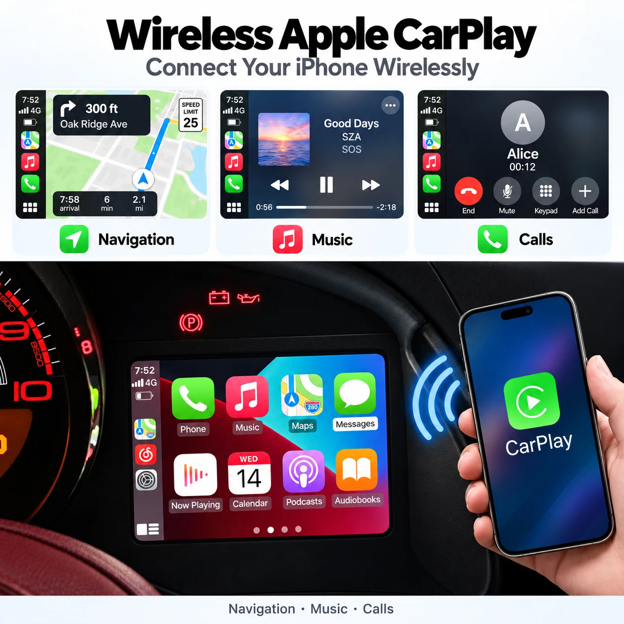 Wireless CarPlay Android Auto Retrofit Module Compatible with Ferrari 458 488 F12 F8,812 GTC4Lusso Portofino OEM Screen Upgrade
