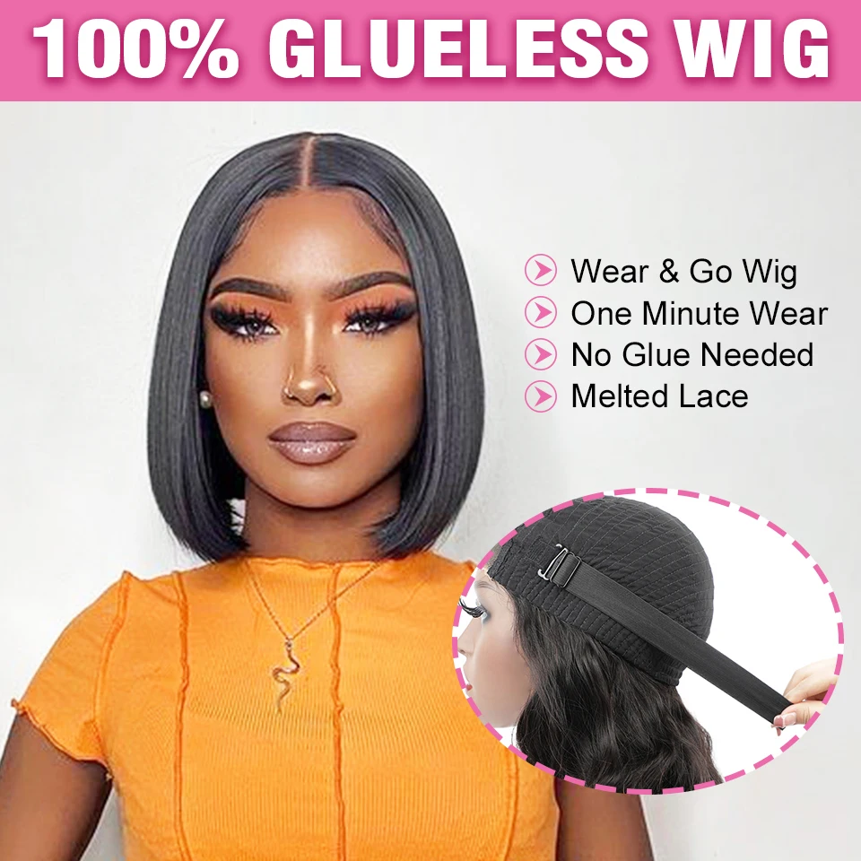 Wear Go Glueless Wig 180% Density Malaysian Straight Bob Wig  4x4 Lace Front Wig Glueless Pre Plucked Human Wigs Ready To Go