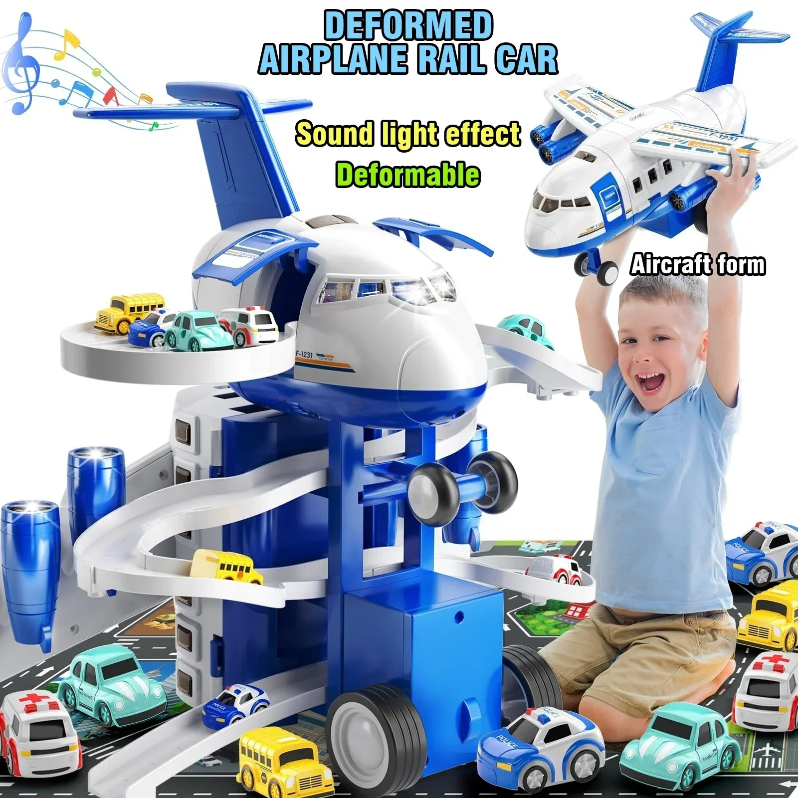 ชุดรางรถไฟรถยนต์ 2in1 สำหรับเด็ก พร้อมเครื่องบินแปลงร่างจำลอง รถรางวิ่งตามแรงเฉื่อยพร้อมเสียงและไฟ ของขวัญคริสต์มาสสำหรับเด็ก