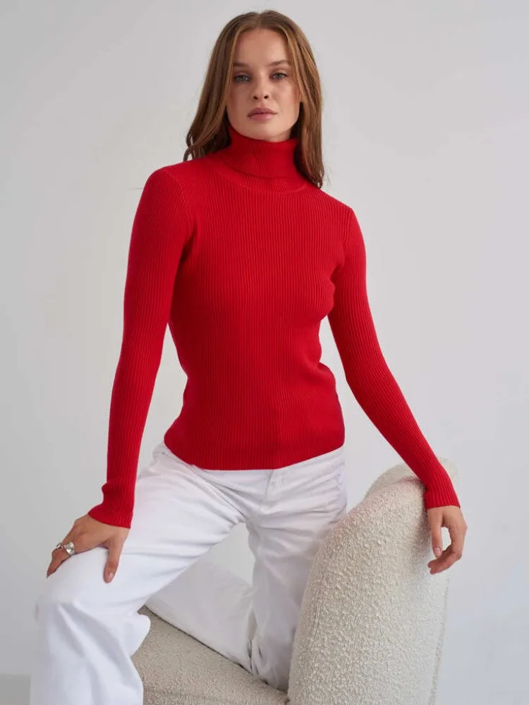 

Elegant High Neck Long Sleeve Sweater For Women Fashion Solid Color Autumn Winter Slim Knitted Pullover Base Shirt Female
