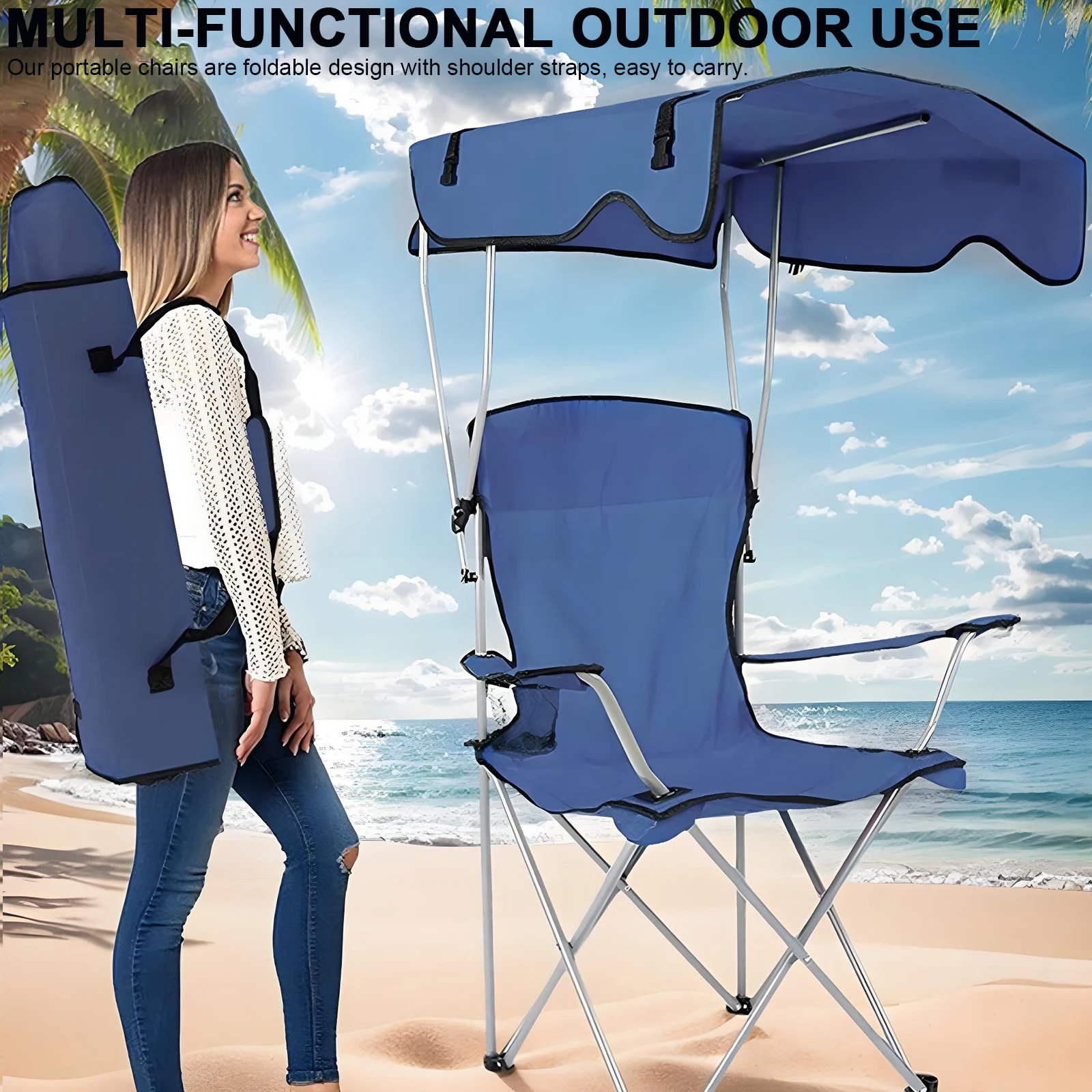 

Outdoor Single Chair with Ceiling & Cup Holder Folding Fishing Chair Sun Protection Portable Sunshade Chair for Poolside Travel