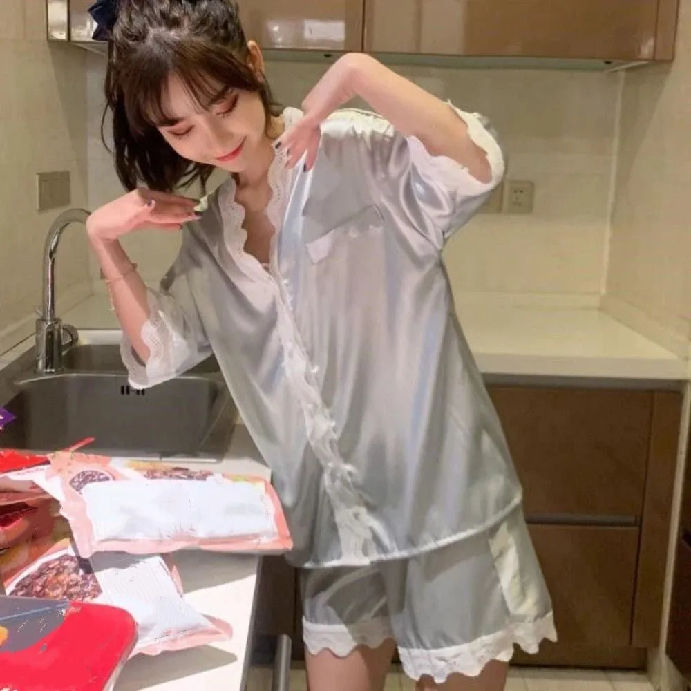 

Sweet Ice Silk Lace Pajama Suit Short-sleeve Loose Sweet Short Pajamas Women Sleepwear V Neck Two Pieces Sleepwear Sets Home
