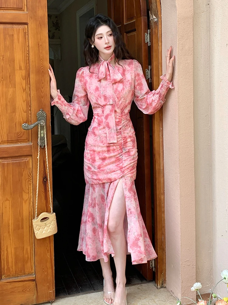 Frauen Kleidung Chiffon Süße Blumen Druck Puff Sleeve Schlank Midi Fischschwanz Kleid Elegante Dame Party Vestidos Robe Casual Herbst Neue