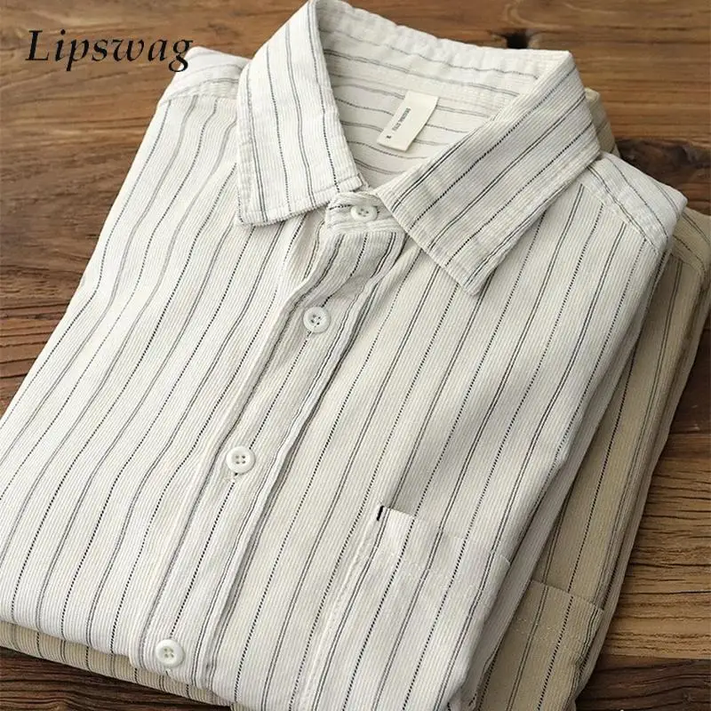 Vintage Mens Corduroy Shirts Long Sleeve Turn-down Collar Button Ribbed Cardigan Tops Men 2025 Spring Fall Casual Striped Shirt