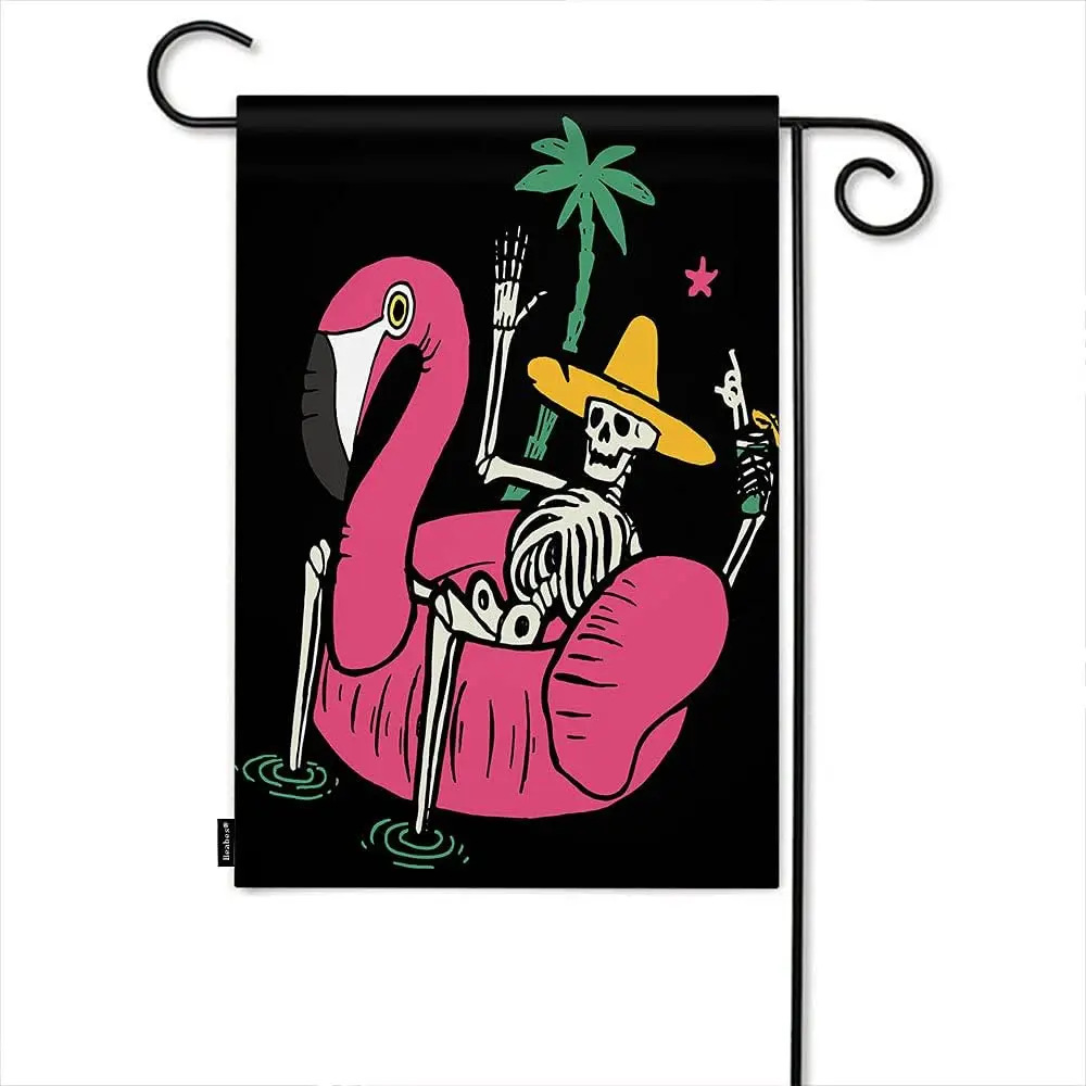 Skull In Pool Flamingo Garden Flag Skeleton Drink Palm Trees Ocean Vacation Welcome Yard Flag Banner Garden Porch Flags For  jjp