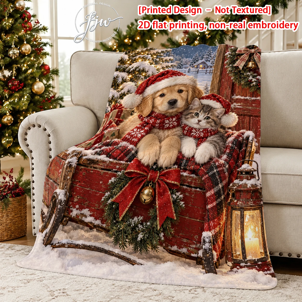 1pc Christmas Cute Dog Cat Winter Snow Sleigh Throw Blanket Warm holiday home decoration blanket