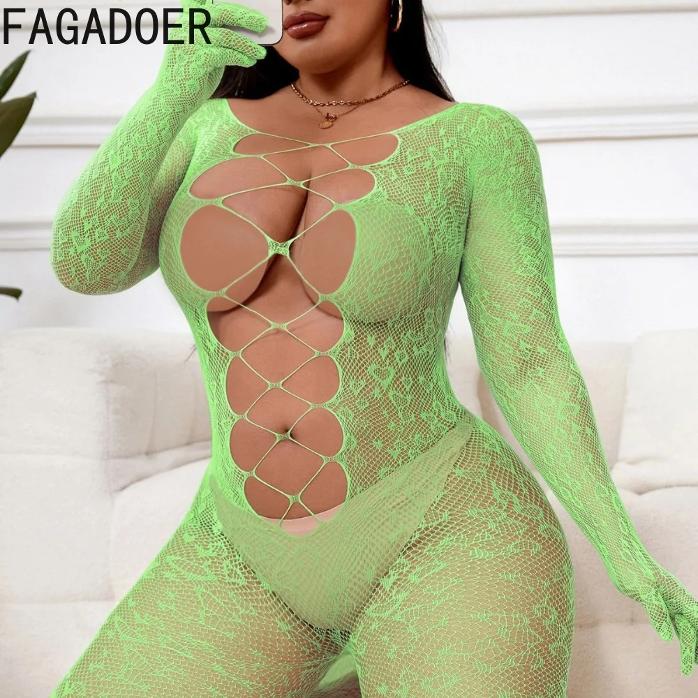 FAGADOER Spring New Sexy Lace See Through Bodycon Jumpsuits Women Hollow Out Patchwork Long Sleeve Rompers Female Party Clubwear