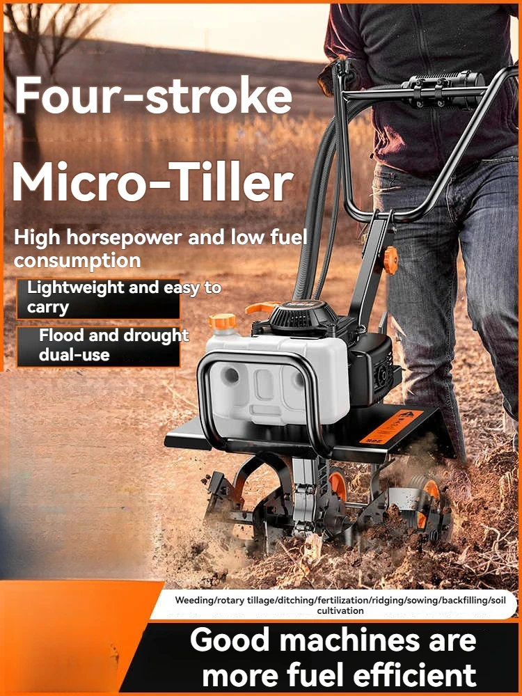 4-in-1 Commercial Micro Tiller -4-Stroke Soil Cultivator for Loosening/Trenching/Weeding w/Wheel Kit