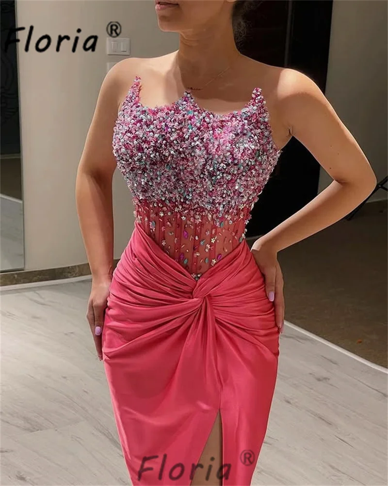 Sexy Beaded Crystal Mermaid Prom Dress Backless Slit Fushia Evening Dresses Customized Long Cocktail Gown Robe de soiree 2025