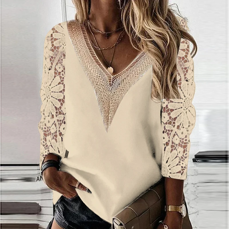 V-neck Elegant Lace Stitching Women Blouse Long Sleeve Tops Spring Hollow Out Vintage Shirt Casual Loose Clothes Blusas 25948