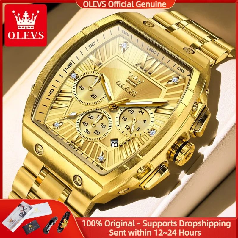 

OLEVS 5639 Новые мужские часы Роскошные оригинальные часы Tonneau Водонепроницаемые светящиеся автоматические хронографы с датой Золотые мужские кварцевые часы