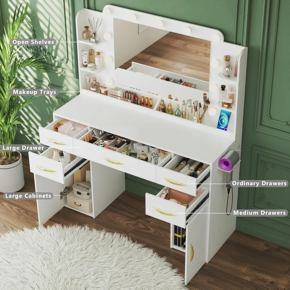 Make-up table with mirror and light, 3 model set-ups, with power socket, with 5 drawers, 2 cabinets, shelves, white image 2