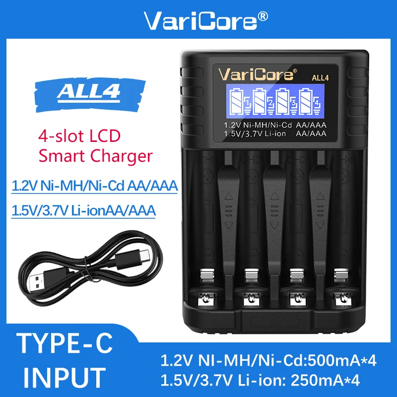 

Быстрое зарядное устройство VariCore ALL4 с 4 слотами — для литий-ионных аккумуляторов AA/AAA 1,2 В, Ni-MH / 1,5 В / 3,7 В (с ЖК-экраном)