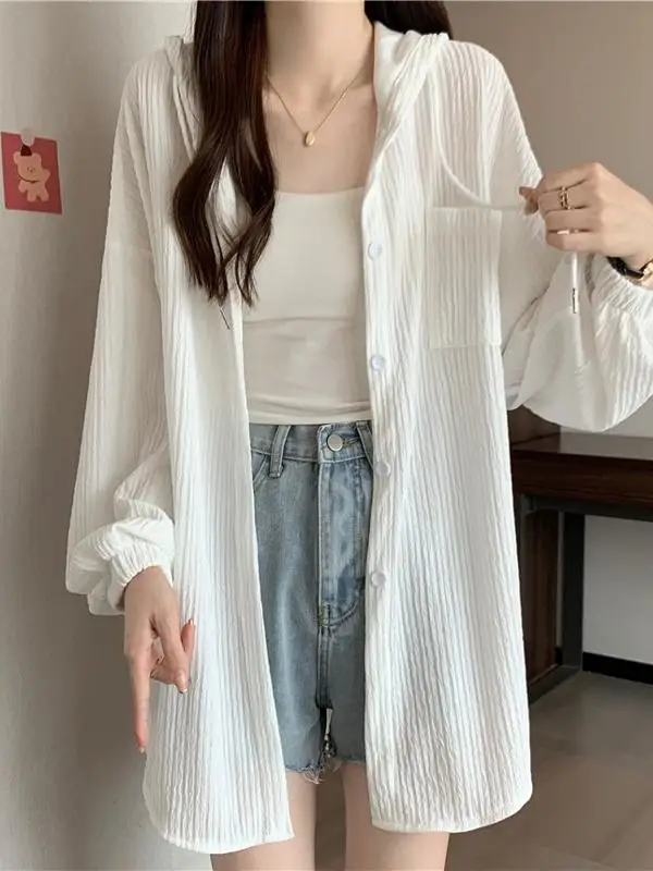 plus Size Loose Slimming Lazy Style Women's Sun Protection Shirt Coat Spring Summer Hooded Thin Medium Length Top
