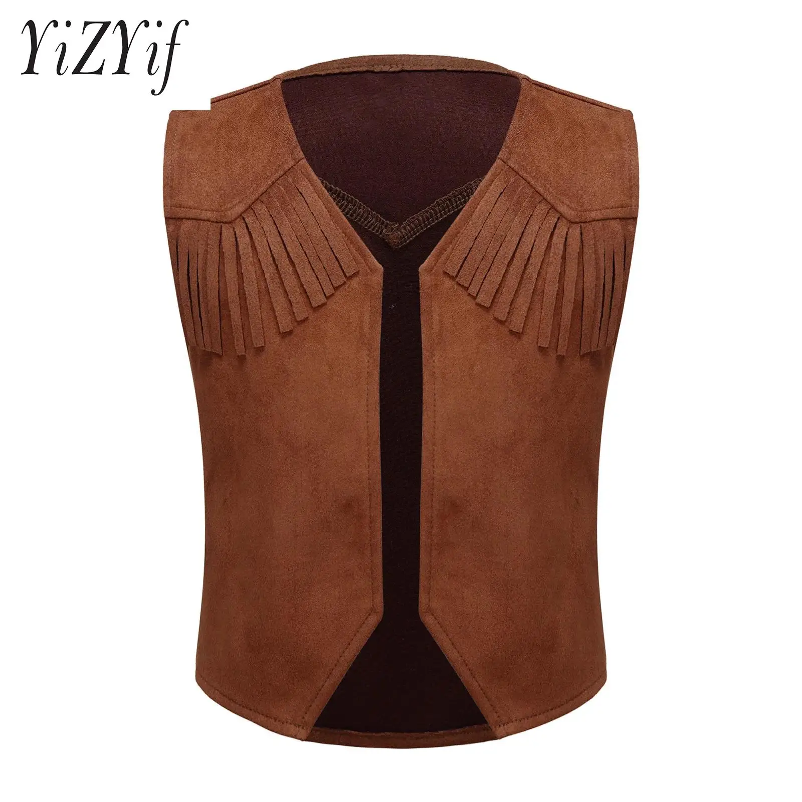 

Kids Boys Cosplay Halloween Themed Party Western Cowboy Dress Up Vest Pointed Hem Fringe Open Front Waistcoat for Going Out